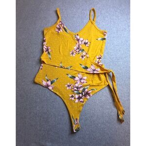Guess Los Angeles Mustard Yellow Floral Polka Dot Wrap Bodysuit Medium M